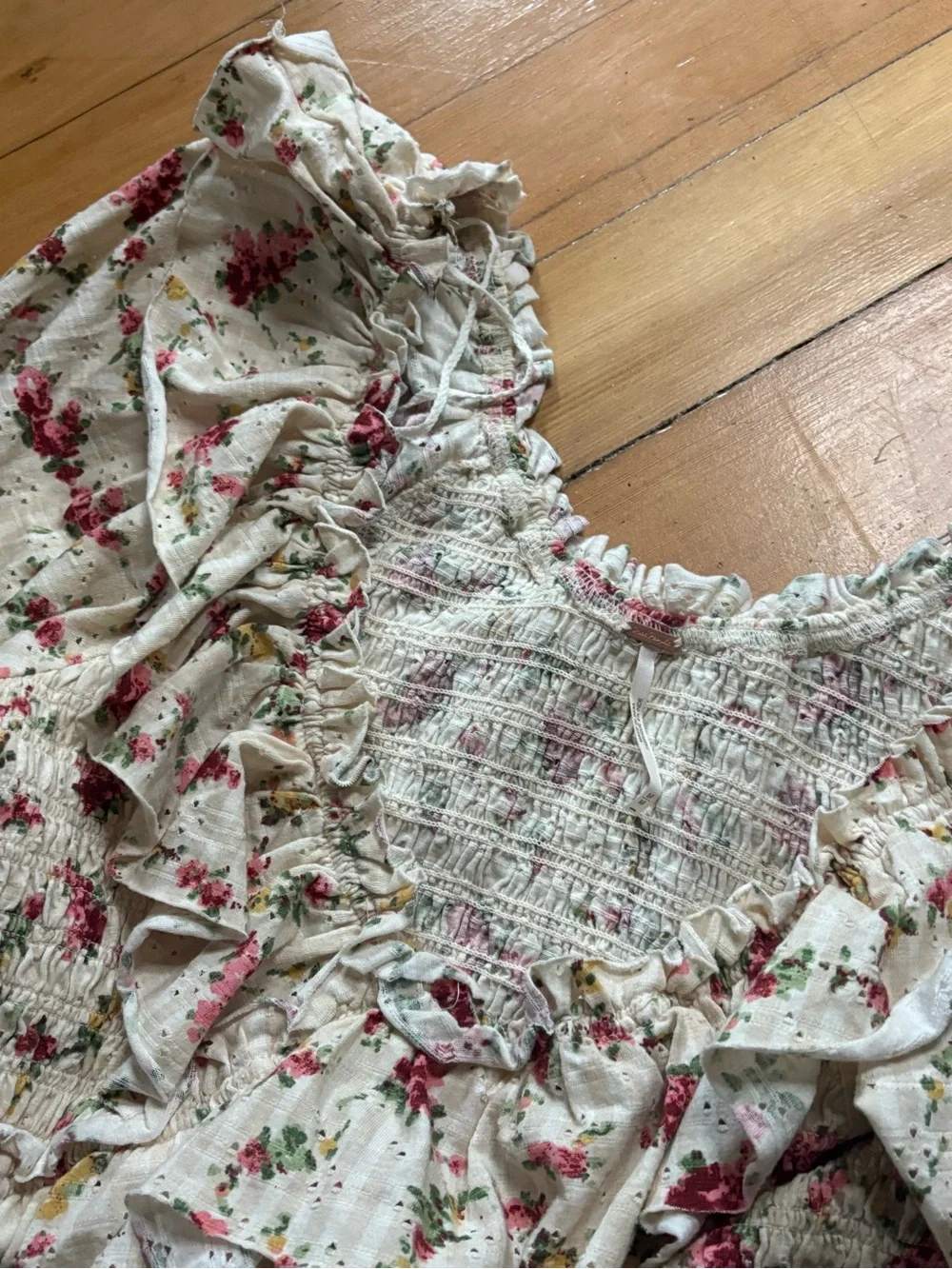 Free People White Floral Smocked Ruffle Peasant Blouse